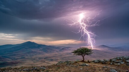 Wall Mural - on a hill, a solitary tree stands with a lightning bolt striking overhead the background is dominate