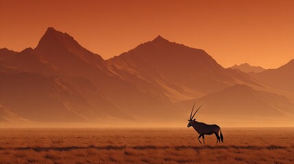 Wall Mural - an antelope stands in a field, facing a distant mountain range under an orange sky