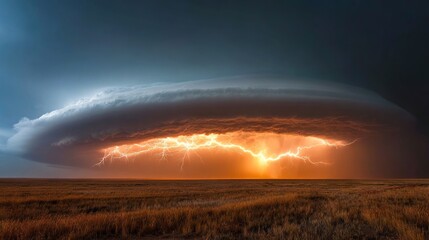 Wall Mural - a majestic cloud with a bolt of lightning emerging from its core, surrounded by lush green grass and