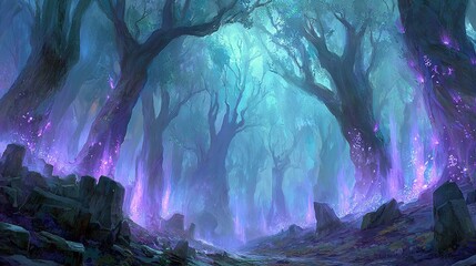 Wall Mural - a path in a forest illuminated by purple lights emanating from the trees on both sides