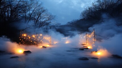 Wall Mural - a water body emitting extensive steam and illuminated by surrounding lights