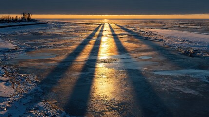 Wall Mural - sun shining through clouds on frozen lake with snowy ground