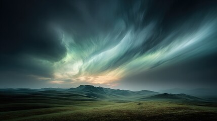 Wall Mural - a green field with a sky filled with clouds and a green field with a hill in the distance, and a gre