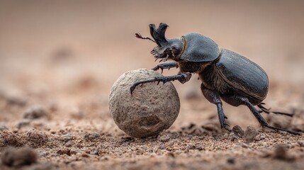 Wall Mural -   Close-up of a beetle on the ground with a rock in front and a bug nearby