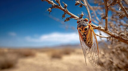 Wall Mural -   A yellow and black insect rests on a leaf-covered tree branch near a field with dried grass