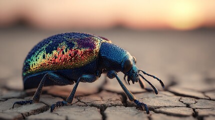 Wall Mural -   A macro shot of a vibrant insect on a rough terrain beneath the radiant sun and a hazy sky