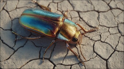Wall Mural -   A detailed image of a blue and golden beetle perched on uneven ground, with a fissure visible behind it
