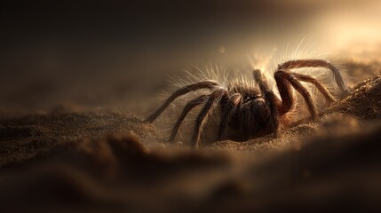 Wall Mural -   A close-up photo of a big spider crawling on the ground in a dimly lit, misty area
