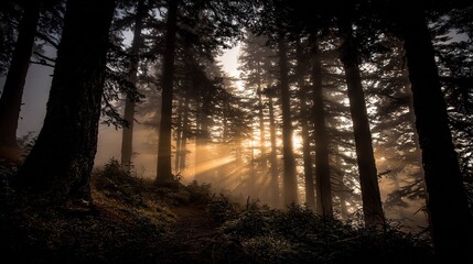 Wall Mural -   Sunlight filters through foliage during a foggy day in the woods, highlighting a path in the foreground