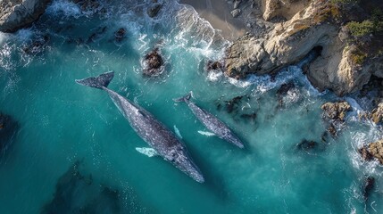 Wall Mural -   An aerial view of a couple of whales swimming in the ocean next to a rocky cliff and body of water
