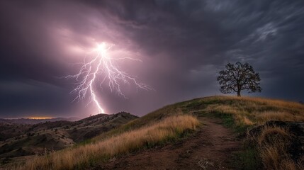 Wall Mural -   A grassy hill dotted with a single tree, a lightning bolt piercing through the sky above it A winding trail leads to the majestic tree atop the hill