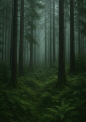  Misty forest with towering trees.