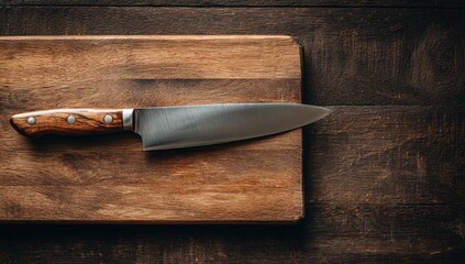 A chef's knife rests on a wooden cutting board