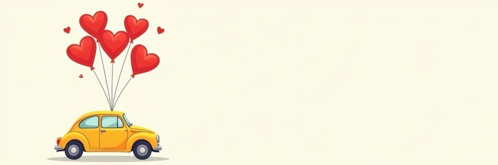  A whimsical yellow cartoon car floating with red heart balloons against a clean white background, symbolizing love and joy.