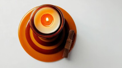 Wall Mural - A lit candle sitting on a simple white table
