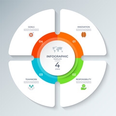 Wall Mural - Modern circular infographic vector diagram divided into 4 steps. Each section includes icons, numbers, text placeholders. Can be used for business strategy, corporate presentations or project planning