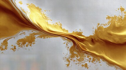 Poster - Gold and white painting of a river with a splash of gold. The painting has a dreamy, ethereal quality to it