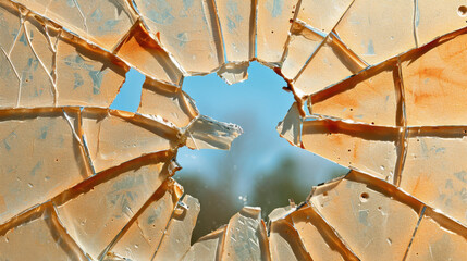 Poster - Shattered glass texture with dramatic radial cracks reveals bright blue sky. intricate patterns create striking visual effect, evoking sense of fragility and beauty