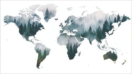 Wall Mural - World map with trees on it. The trees are spread out across the map, with some in the middle and others on the edges