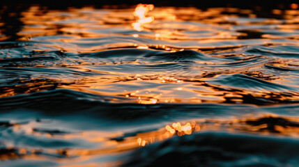 Wall Mural - Soft ripple texture in calm water under sunset light creates serene atmosphere. warm hues reflect beautifully, evoking sense of tranquility and peace
