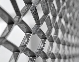 Close Up of Silver Metal Lattice Structure with Geometric Pattern and Interlocking Shapes