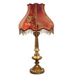 © HWWO Stock - 3D-rendered vintage table lamp with a richly decorated red fabric shade, floral patterns, and hanging tassels, isolated on transparent background