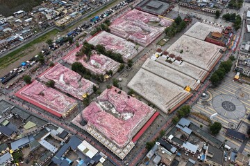Aerial view of Mani Stones Pile, with stupas  in Yushu, Qinghai, China.
