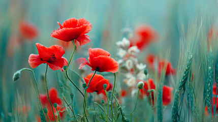 Wall Mural - Red poppies blooming in a summer meadow