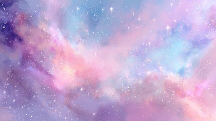 Dreamy, pastel galaxy with twinkling stars and colorful cloud-like formations