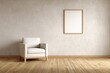 © Olga - Modern interior design featuring a cozy white armchair beside a blank wall with a wooden floor, creating a minimalist aesthetic with ample copy space for creative use