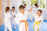 Child boys and girls partners during martial arts karate class train to perform basic blows to opponent with hands and feet. Preparation of athletes for competitions