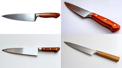 Collage showcasing four elegant kitchen knives with wooden handles on white backdrop