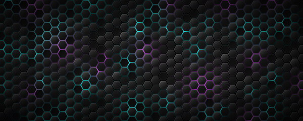 Poster - Cyber black hexagon pattern with blue and purple neon highlights. Futuristic hi-tech design for technology presentation, digital gaming interfaces or cybersecurity background. Vector illustration.