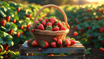 Freshly picked strawberries overflow a basket on a rustic wooden crate in a sun-drenched field.