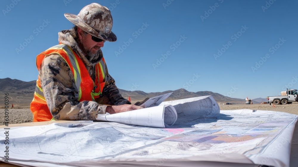 Geodetic professional reviewing large blueprint maps and GPS data ...