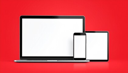 Professional mockup of a laptop, tablet, and smartphone with blank white screens for responsive design presentation, set on a red background.