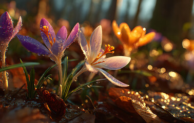 Wall Mural - Purple And Orange Crocus Blossoms In A Forest At Sunrise