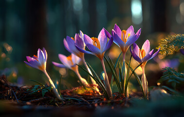Wall Mural - Purple Crocus Blossoms in a Forest at Sunrise