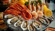 © Md Nurul - A platter of seafood on ice featuring oysters crab legs shrimp lobster and lemon garnish on display table