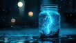 © Md Nurul - A glowing blue lightning bolt inside a glass jar with bokeh lights in the dark background scene view