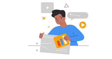 Web designer. Moving banner with male designer creating wireframe of website and developing user interface of landing page. Creative employee. UX and UI. Flat graphic animated cartoon