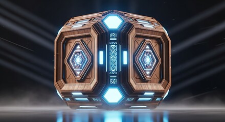 Futuristic wooden cube with glowing blue accents for technological advancements