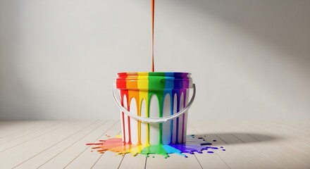A stream of brown paint pours into a rainbow-colored bucket, causing vibrant drips to overflow onto the floor.