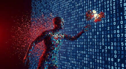 Digital man reaching into a wall of code, with a red and blue color scheme.