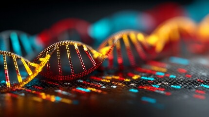 A digital illustration of vibrant DNA strands floating above a surface filled with colorful binary code,