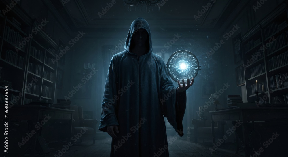 Evil wizard conjuring a spell in a dark room with a glowing orb. Dark ...