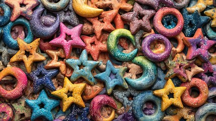 Close-up of colorful, textured stars, moons, and circles