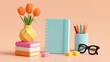 © lia - Bright Stationery and Decor on Soft Pink Background: Yellow Vase with Orange Tulips, Blue Notebook, Colored Pencils, Glasses, and Stacked Books in a Harmonious Color Scheme