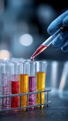 Poster - Hightech laboratory scene with a biochemist handling test tubes and using a micropipette for accurate sample measurement.