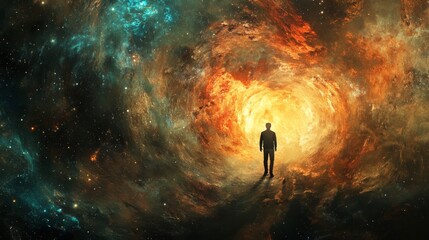 Wall Mural - Man standing in front of a glowing portal in a vast, colorful galaxy. A powerful and symbolic image representing exploration, adventure, and the unknown.